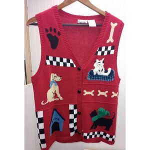 Capacity petite red with dogs,  sleeveless button down cardigan. Cottage Core, g